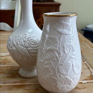 Beautiful Lenox vases, 8” & 6.5” tall - floral relief on front & back, gold trim
